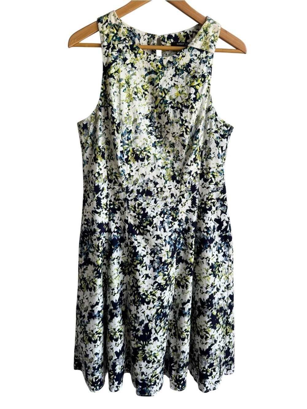 Maggy London Floral A-Line Sundress Sz 14 Navy White Sleeveless Dress Romantic
